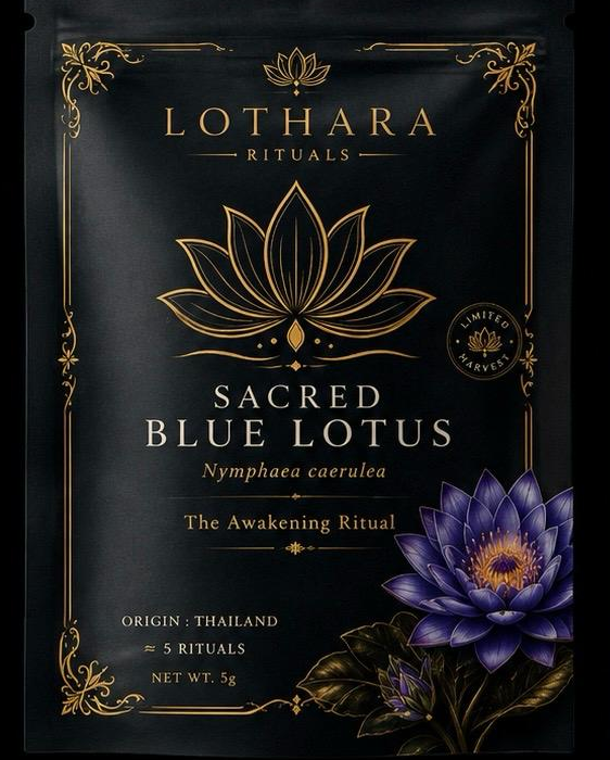 LOTHARA Sacred Blue Lotus — authentic Nymphaea caerulea LOTHARA Sacred Blue Lotus packaging — whole dried Nymphaea caerulea flowers