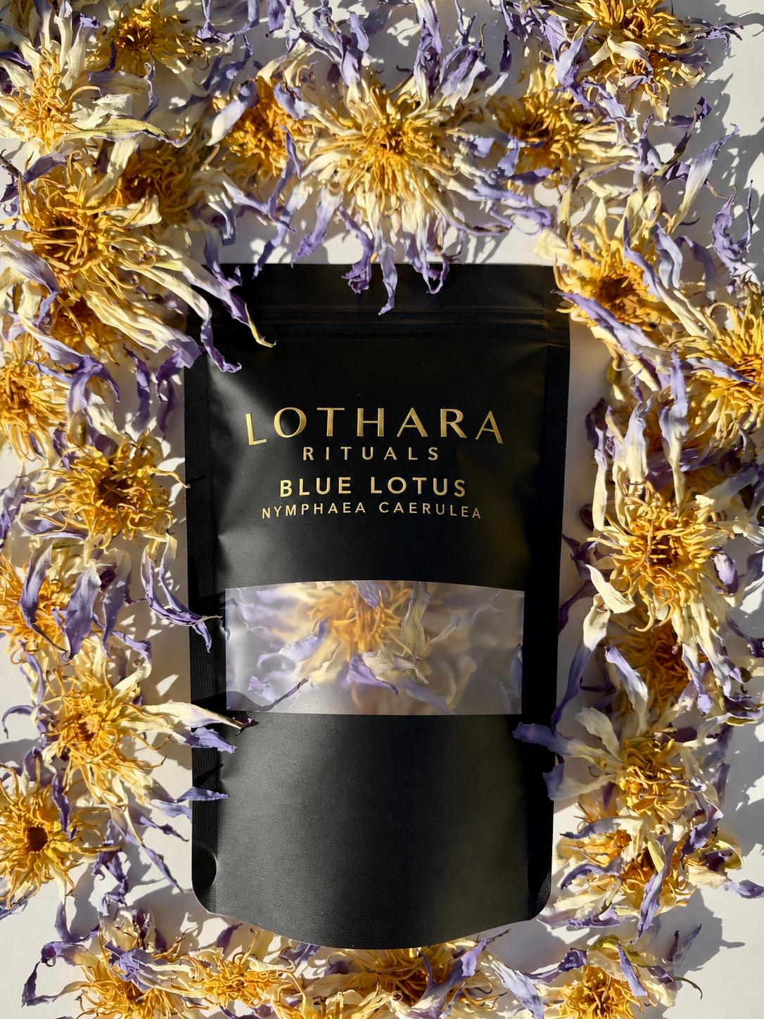 LOTHARA Rituals Blue Lotus pouch surrounded by dried flowers